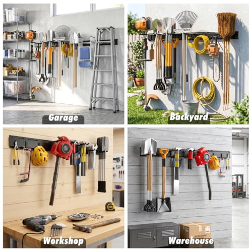 Housolution Heavy Duty Garage Wall Organizer 64 Inch - 18Pack Carries 570 lbs, Garage Tool Organizer Storage System, 4 Rails with 12 Adjustable Hooks, Garden Tool Organizer for Warehouse, Workshop