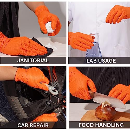 Industrial Nitrile Gloves – Heavy Duty Latex & Powder Free Disposable Gloves with Diamond Texture - color: Orange, size: Small (Pack of 50)