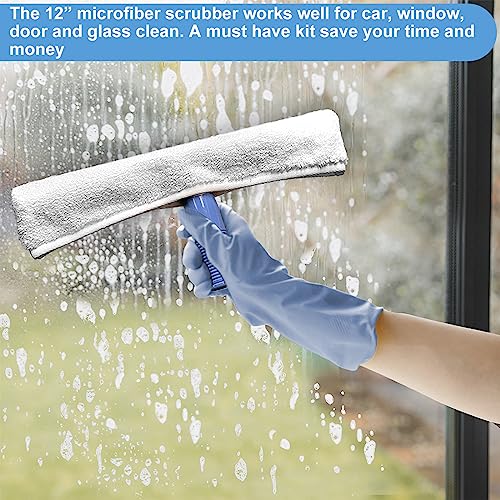 AMERWASH PLUS Window Squeegee Washing Kit for Shower Glass Door, Mirror and Window Cleaning, Extra 14'' Wide Squeegee and 2 Microfiber Scrubbers Included (Extension Pole not Included) - size: 14 inches