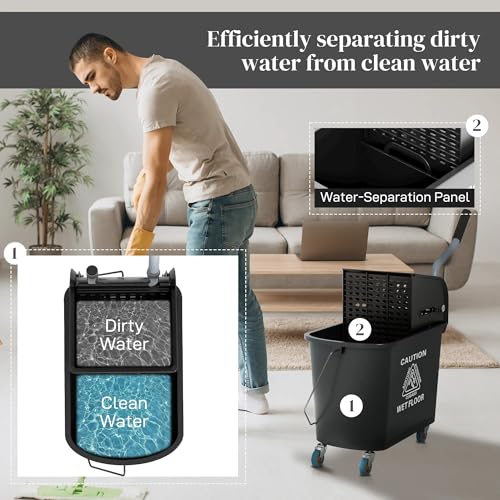 21 Quart Mop Bucket with Wringer on Wheels, Dual Water Cleaning Bucket with Separate Dirty and Clean Water, Rolling Commercial Floor Cleaning System (Black) - color: Black