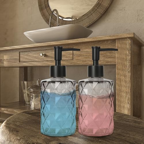 Glass Soap Dispenser with Plastic Pump, 2 Pack 12oz Gradient Diamond Design Black Soap Dispenser for Dishwashing Liquid, Lotion Shower Gel - color: Gradient Diamond Black