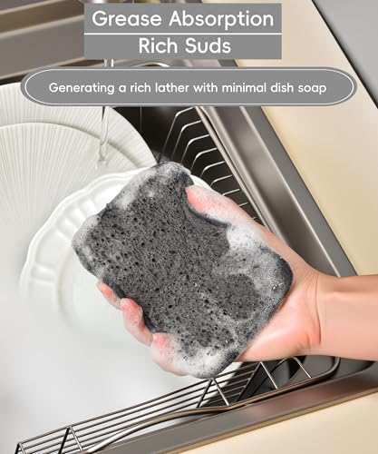 METUUTER 12 Packs Kitchen Sponges Stitching with Stainless Steel Fibers - 5.5x4 in Soft Cleaning Sponge for Non-Stick Pans, Dishes & Tough Grease Odor-Resistant, Durable Dish Sponges - color: Darkgray