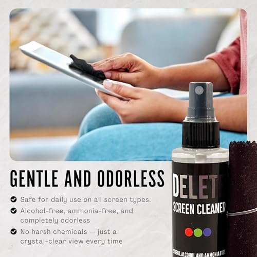 Delete Screen Cleaner Spray Kit, 4 Pack, 2oz Bottle and 12"x12" Microfiber Cleaning Cloth, Streak-Free, Safe and Gentle Formula, Multi-Purpose for Travel, Small TVs, Cameras, Laptops, Phones - style: 4 Pack, 2oz