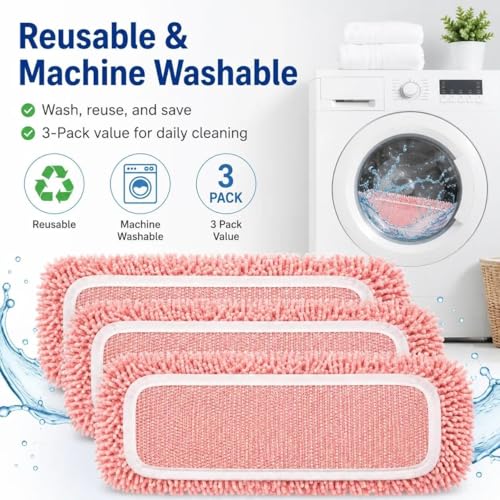 3 Pack Compatible with Swiffer Sweeper Mop, Reusable Machine Washable Flat Mop Replacement Pads, 9.84 x 4.33 Inch, Wet Dry Cleaning for Dust, Hair, and Sealed Hard Floors