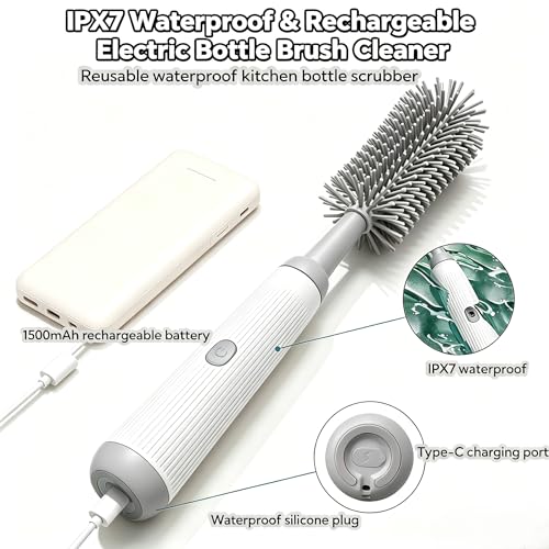 Electric Bottle Brush Set, 6-in-1 Electric Cleaning Brush with Waterproof Silicone Cleaner, 3 Replaceable Brush Heads, Straw Brush & Extension Rod, for Baby Feeding Supplies and Kitchen Utensils - color: Light Grey