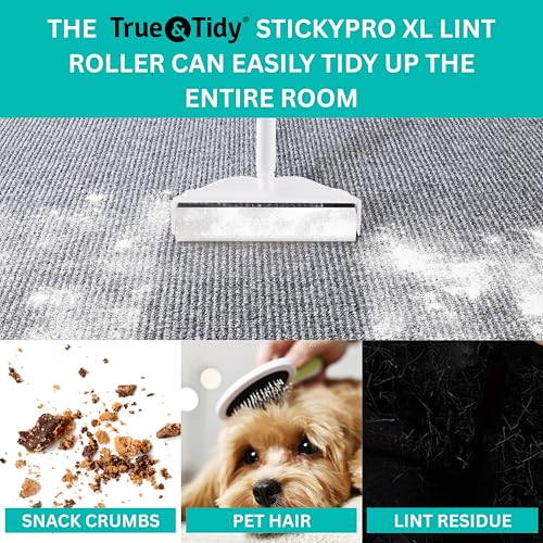 True & Tidy StickyPro XL Lint Roller Value Set with 2 Lint Roller Refills, Heavy-Duty Durable, Adjustable Handle Works Great on Pet Hair, Clothing, Furniture and More, 180 Sheets Total, Refillable - size: Lint Roller with 2 Refills