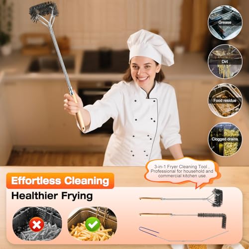 Fryer Cleaning Tools Set of 3, Stainless Steel Deep Fryer Basket Brush, Long Handle L-Shaped Crevice Cleaning Brush and Cleanout Rod Kit for Kitchen Restaurant, Electric Fryer Degreasing Scrubber Tool - style: 3 Pack