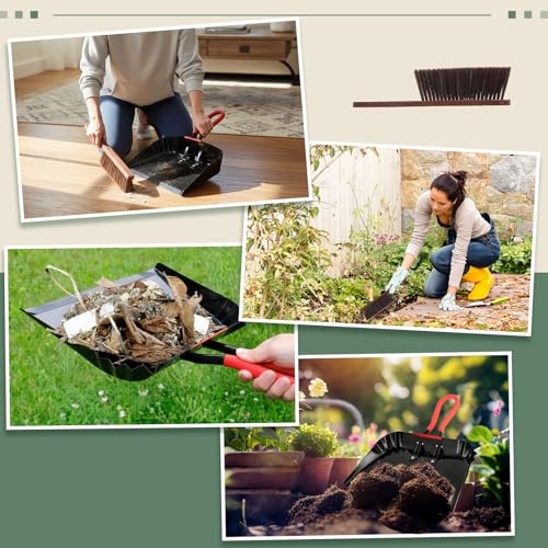 Pasimy 2 Pack 17" Metal Dust Pan and Brush Set, Large Heavy Duty Handheld Industrial Dustpan with Handle Debris Sweeping Tool Metal Edge Flat Against Floor for Outdoor Patio Yard Garage (Black) - color: Black