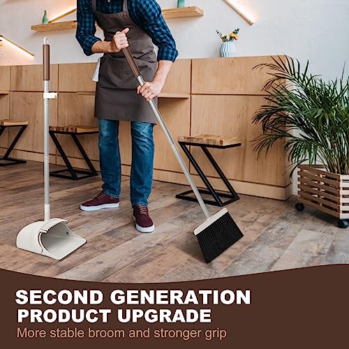 54" Long Handled Broom and Dustpan Set - Perfect Dust Pan and Brush Combo for Efficient Cleaning, Brown and White - color: Brown and White