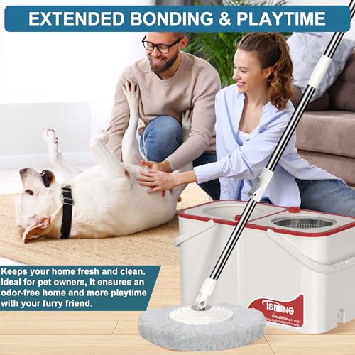 Gen 1 Large-Capacity Spin Mop and Bucket – for Big Homes & Deep Cleaning Days,4-Chamber System Separates Dirty & Clean Water, 2-GAL Heavy-Duty Design with Wheels & 6 Refill Mop Heads - White/Red - size: White/Red+6 Mop Heads