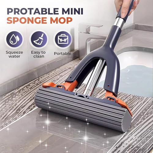 Squeezable Sponge Mop with Stainless Steel Handle, Navy Blue, Orange, 20.3 Inch Length, Self-Squeezing Design for Floor, Wall, Window Cleaning