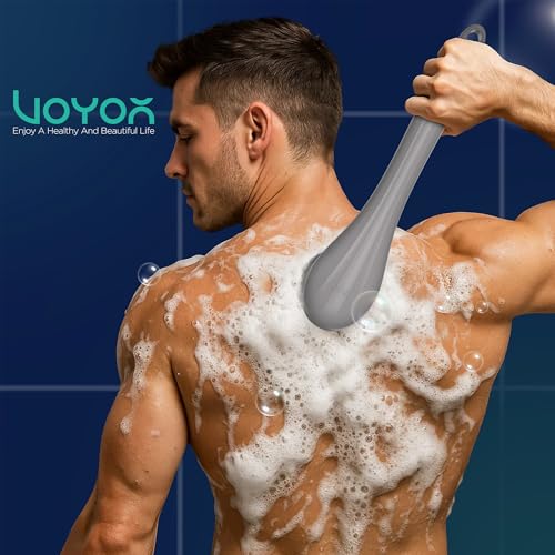 VOYOR Electric Body Brush Back Scrubber Silicone Body Scrubber Two-Way Rotating Brush Head for Deep Cleaning, Exfoliation, 4 Attachments Long Handle IPX6 Rechargeable Shower Brush BC300 (Grey) - color: Grey