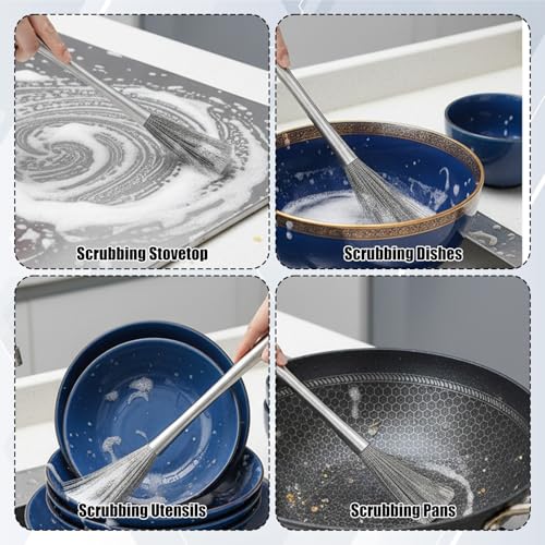 3 Pieces Stainless Steel Dish Brush with Handle, Metal Steel Wool Scrubber for Cast Iron, Cookware, Pot, Pan, Grill, Griddle, Stoves, Sink, Kitchen Scrub Brush for Cleaning