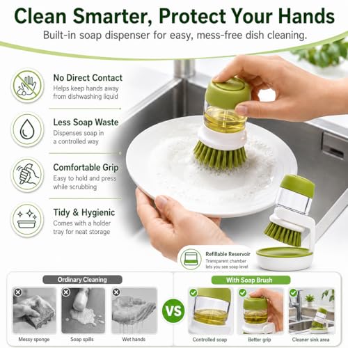 Plastic Cleaning Brush with soap Dispenser for Kitchen Sink washbasin,Dish Washer with Storage Stand Holder,Palm Scrub soap Dispenser Washing-up Brush| Hygienic Drip-Dry Stand Included