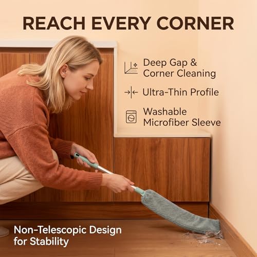 Sakerplus Baseboard Cleaner Tool with Handle Duster with Extension Pole, Bendable Microfiber Dusting Wand, Under Appliance Crevice Dust Remover for Sofa, Cabinet Top and Fan Gaps (1)
