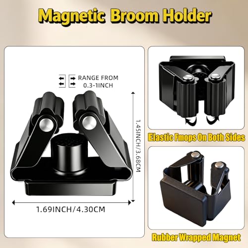 Magnetic Broom and Mop Holder Wall Mount, Black 4 Pack | Heavy duty strong magnetic broom holder,no drill removable,9 lbs load,fits 0.6–1.5in handles,RV kitchen garage storage - size: 4 Pack B