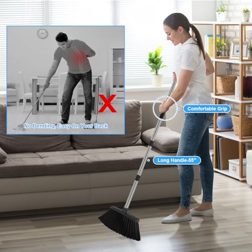 Heavy Duty Angle Broom, 55-Inch Long Handle Extra Wide 12.6 Inch Head, Stainless Steel Tube & PP Bristles for Pet Hair and Dust, Floor Safe - Black - color: Black