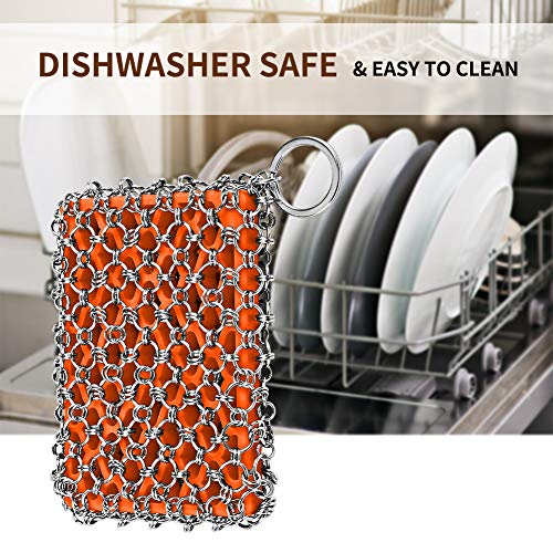 Most Flexible Cast Iron Scrubber, 316L Cast Iron Cleaner Chainmail Scrubber, Chain Scrubber for Cast Iron Pans, Pots, Skillets, Chain Mail Scrubbing Pad Scrub for Cast-Iron, Cast Iron Cleaning - color: Orange