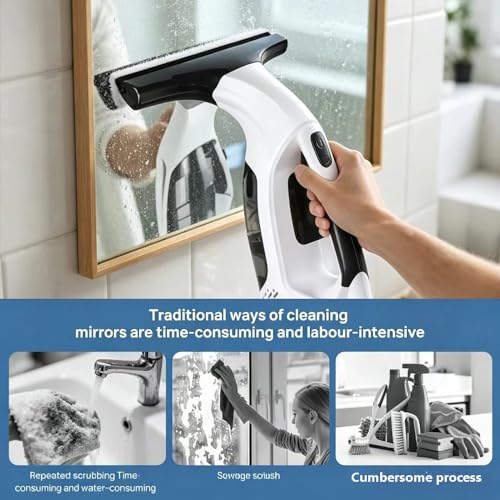 Cordless Window Vacuum Squeegee with 150ml Detachable Water Tank, Electric Window Cleaner Handheld Glass Cleaning Tool with Strong Suction for for Mirror, Shower Wall, Tile, Car Glass