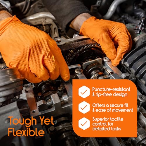 Inspire Heavy Duty Orange Nitrile Gloves | ULTRA 8 Mil Diamond Textured Grip | Industrial Mechanic Disposable Cleaning Gloves - size: X-Large