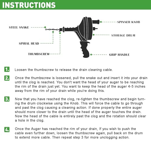 BACOENG 25Ft Drain Auger, Heavy Duty Plumbing Snake with Drill Adapter, Use Manually or Powered for Drain Clog, Shower Sink, Comes with Gloves and Bag (Green) - color: Green-25FT