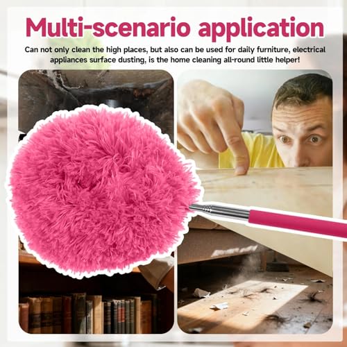 Extendable Microfiber Duster, Telescoping Dusting Brush for Home and Car Cleaning, Adjustable Length, Soft and Flexible - color: Round Rose Red