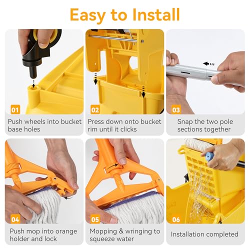 38 Qt Commercial Mop Bucket with Side Press Wringer on Wheels, Including Wet Floor Caution Sign, 1 Heavy Duty Industrial Mop, 1 Mop Head Replacement and a Pair of Gloves