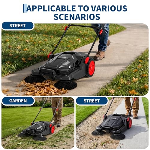 Garvee Walk-Behind Outdoor Hand Push Floor Sweeper, 25.6 in Sweeping Width Manual Push Floor Sweeper, with 5-Gallon Dust Container, Adjustable Folding Handle for Garage Patio Yard Driveway