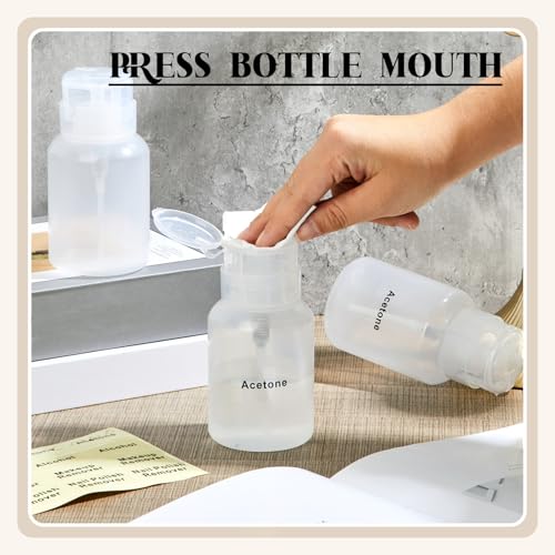 Layhit 3 Pack 6.8 oz (200ml) Push Down Lockable Pump Dispenser Bottle with Stickers, Alcohol Push Down Empty Refillable Container for Nail Polish Remover, Alcohol & Makeup Remover (Clear Top Cap) - color: Clear Top Cap