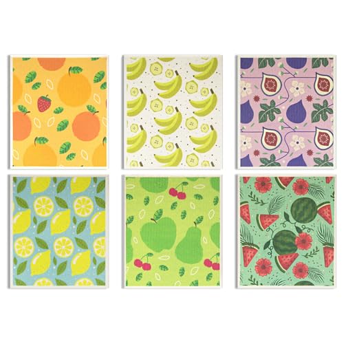 6 - Pack Swedish Kitchen Dish Cloths - Reusable Paper Towels for Counters & Dishes - Eco Friendly Cellulose Sponge Cloth (Fruits) - color: F-fruits