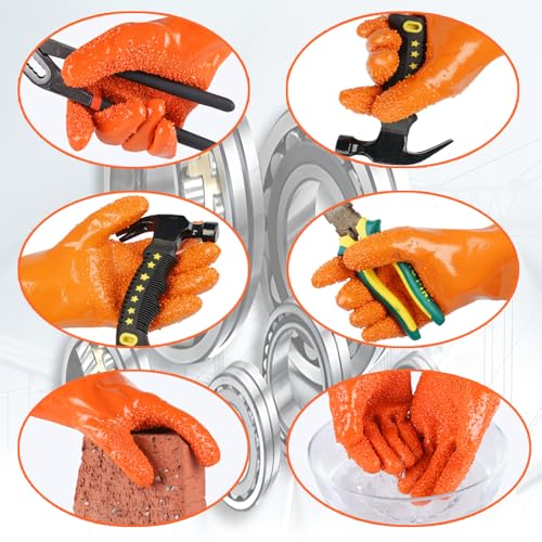 3 Pairs Sewer Gloves PVC Coated Non-Slip Oil & Chemical Resistant | 3 PAIRS INCLUDED: PVC coated sewer gloves for drain cleaning, plumbing maintenance, and everyday heavy-duty work - color: 3 Pairs Orange