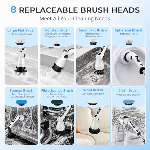 Electric Spin Scrubber, Cordless 3 Speeds 8 Heads Bathroom Cleaning Brush | 450RPM, 54" Extendable Handle, 8 Replaceable Brush Heads, Heavy-Duty, Power Scrubber for Shower, Tub, Tile, Floor, Wall Clean