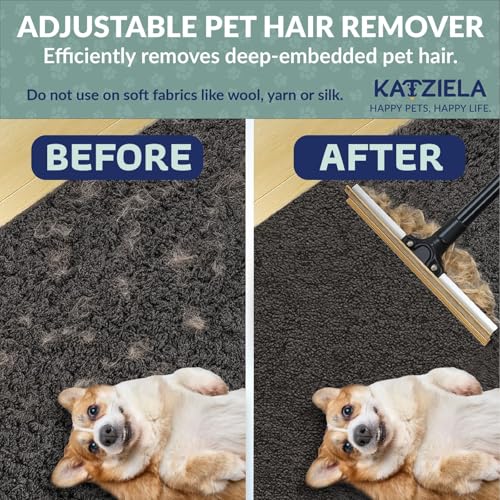 Katziela DuoSweep Broom – Dual-Sided Pet Hair Remover with Metal & Rubber Blade – Multi-Surface Cleaner for Carpet, Hardwood & Tile – Includes Water Control Squeegee Attachment