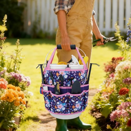 KUNN 5 Gallon Bucket Tool Organizer 18-Pocket Heavy-Duty Bucket Caddy with Hangable Handle & Comfort Grip Pad | Gardening Tool Bag, Garden Organizer Storage Bag Accessory for Gardeners, Purple - style: Purple Floral