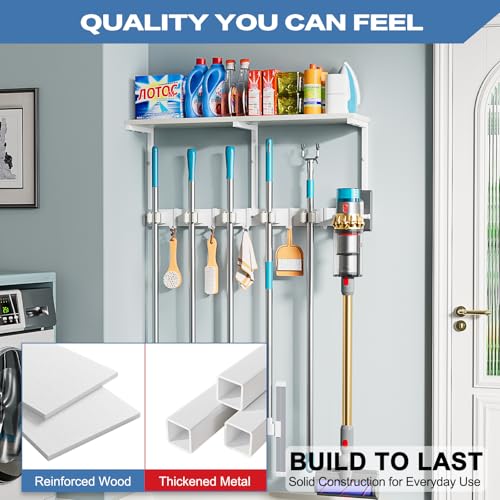 Broom Holder Wall Mount with Cleaning Supplies Organizer, Laundry Room Organization and Storage Shelf with Mop Hanger Rack Gripper Hooks, Utility Shelf Closet Organizer Floating Shelves for Garage - size: Large