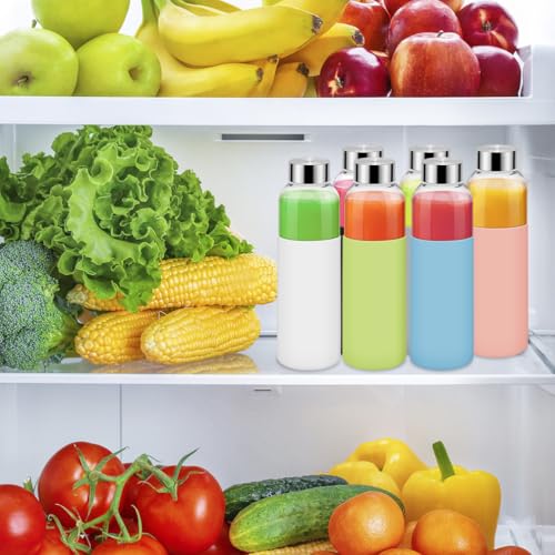 6Pack Glass Juice Bottles, 18 Oz Glass Water Bottles, Reusable Drinking Bottle with Stainless Steel Cap, Silicone Sleeve 1 Brush, Clear Water Bottle for Juice Beverages, BPA Free & Leak Proof
