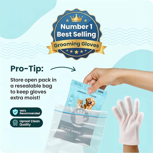 Uproot QuickClean Gloves Pro: 1 Month Supply - Extra-Thick Pet Glove Wipes for Dogs & Cats - Easy Wipe Paws, Eyes, Ears, Butt, & Body - Lick-Safe - Cleaning, Deodorizing & Grooming (6 Pack) - size: 6 Pack