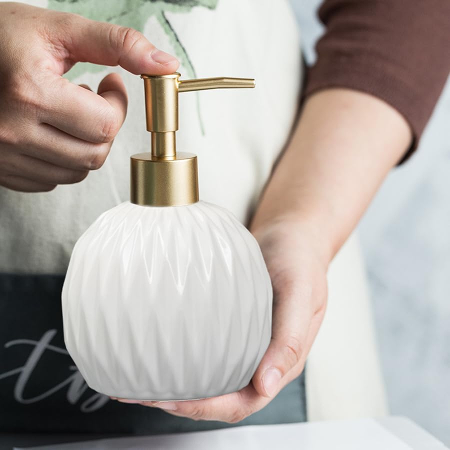 Ceramic Soap Dispenser White with Gold Pump,Modern Design Cylindrical Lotion Dispenser Bottle,Refillable Liquid Hand Soap Dispenser for Kitchen,Bathroom,Washroom - color: White(b)