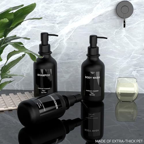 Modern Shampoo and Conditioner Dispenser - Shower Soap Dispenser Wall Mounted - 16 oz Set of 3 Plastic Black Bottles with Black Pumps - Stylish Shampoo Dispenser, Shower Dispenser 3 Chamber No Drill - color: Black