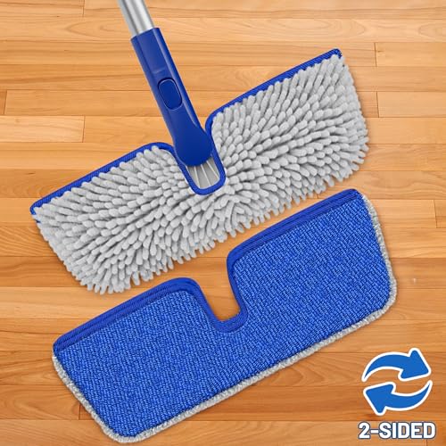 2-Sided Microfiber Dust Mop for Hardwood Floors & Walls | Flat Flip Head, Wet Dry Use, 3 Chenille & Microfiber Pads, 58" Handle, 360° Swivel, Sweep Pet Hair, Tile, Laminate, Kitchen - size: 15" Mop-B