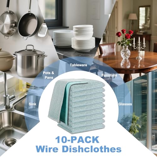 10pcs New Upgrade 2-Layer Microfiber Wire Dishcloth,Non-Scratch Wire Dishwashing Rags for Wet and Dry,Metal Scrubbers, Kitchen Miracle Cleaning Dish Rags for Cookware,Sinks, Dishes,Stove,Blue - color: 10pcs Blue