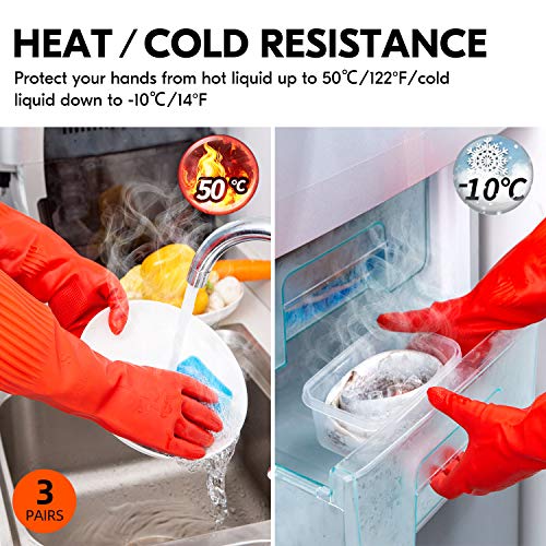 Vgo... 3-Pairs Dishwashing Gloves, Reusable Household Gloves, Long Sleeve, Thick Latex, Cleaning, Washing, Working, Painting, Gardening, Pet Care (Size L, Red, RB2143) - size: Large