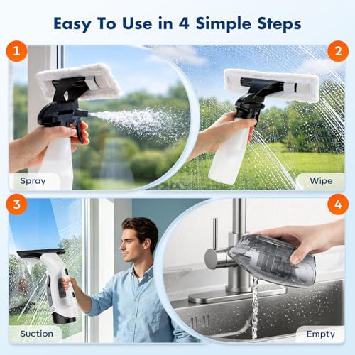 Cordless Window Vacuum Squeegee with Extension Pole, Electric Window Cleaner with Water Collection Tank, Portable Cleaning Kit for Glass Doors, Windows, Mirrors and Car(White)
