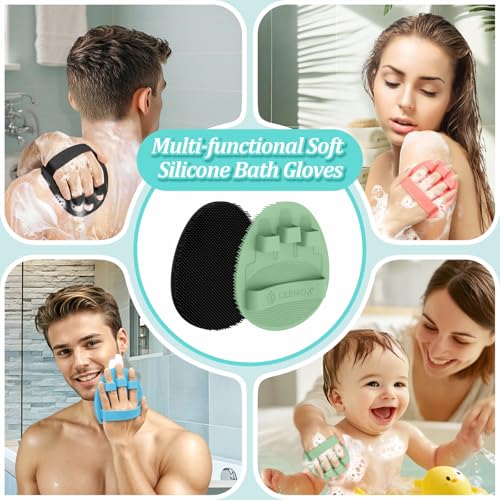 Silicone Back & Face Scrubber & Bath Glove Set 3PCS, 13.4'' Gentle Back Scrubber with Dual-Side Head, 360° Anti-Slip Bath Glove, Unique Side-bristled Face Scrubber for All-round Cleaning(Green) - color: Green*3