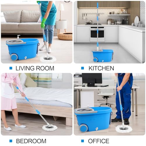 Spin Mop and Bucket with Wringer Set, 3 Washable Microfiber Pads Included for Floor Cleaning, Adjustable Stainless Steel Handle, Easy Moving with Wheels, Blue - color: Blue