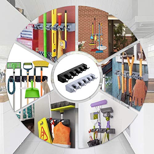 Mop and Broom Holder Wall Mount Heavy Duty Tool Organizer For Home Garden Garage And Storage (5 Positions with 6 Hooks) (Black)