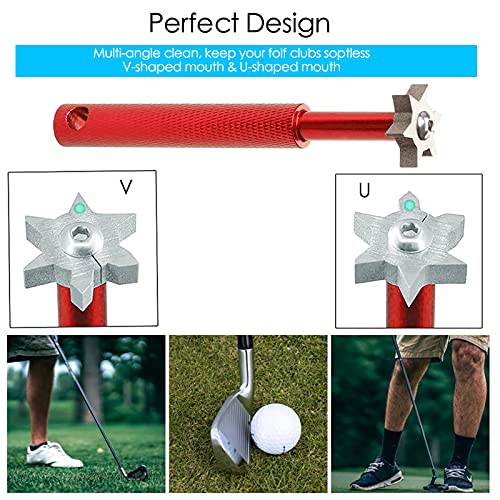 VIPMOON Golf Club Cleaner Kit, 2 Pcs Groove Sharpener Regrooving Tool and 1 Pcs Retractable Club Cleaner Brush, Portable Groove Sharpener Tool for All Golf Irons for Men - color: Red