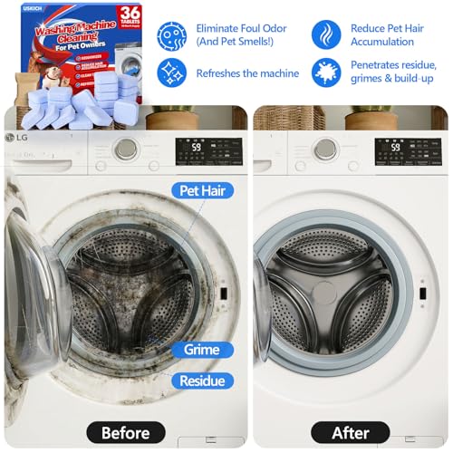 USKICH 36 Pack Washing Machine Cleaner Tablets for Pet Owners Pro, Deep Cleaning Pet Hair Remover for Laundry,Eliminates Odors,Compatible with HE, Top & Front Load Washer - style: Pet Cleaners-36P