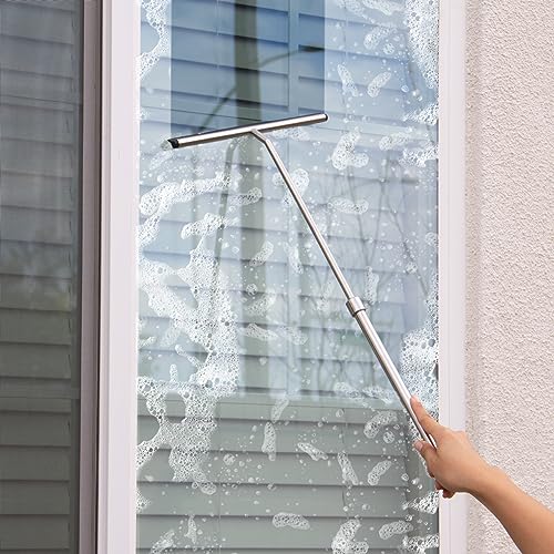 Shower Squeegee with Long Handle and Adhesive Hook. for Glass Doors, Tile Walls, Mirrors and Windows. Telescoping Squeegee for Cleaning. Bathroom Stainless Steel Squeegee, 10inch Wide, Chrome – 1pk