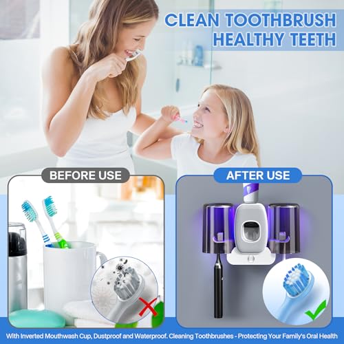 2 Cups Wall-Mounted Toothbrush Sterilizer Holder with Toothpaste Dispenser - 4 Slots,3 in 1 Toothbrush Cleaner, No Drilling, USB Charging, Ideal for Family Bathroom (Grey-Double Cup) - color: Grey-double Cup